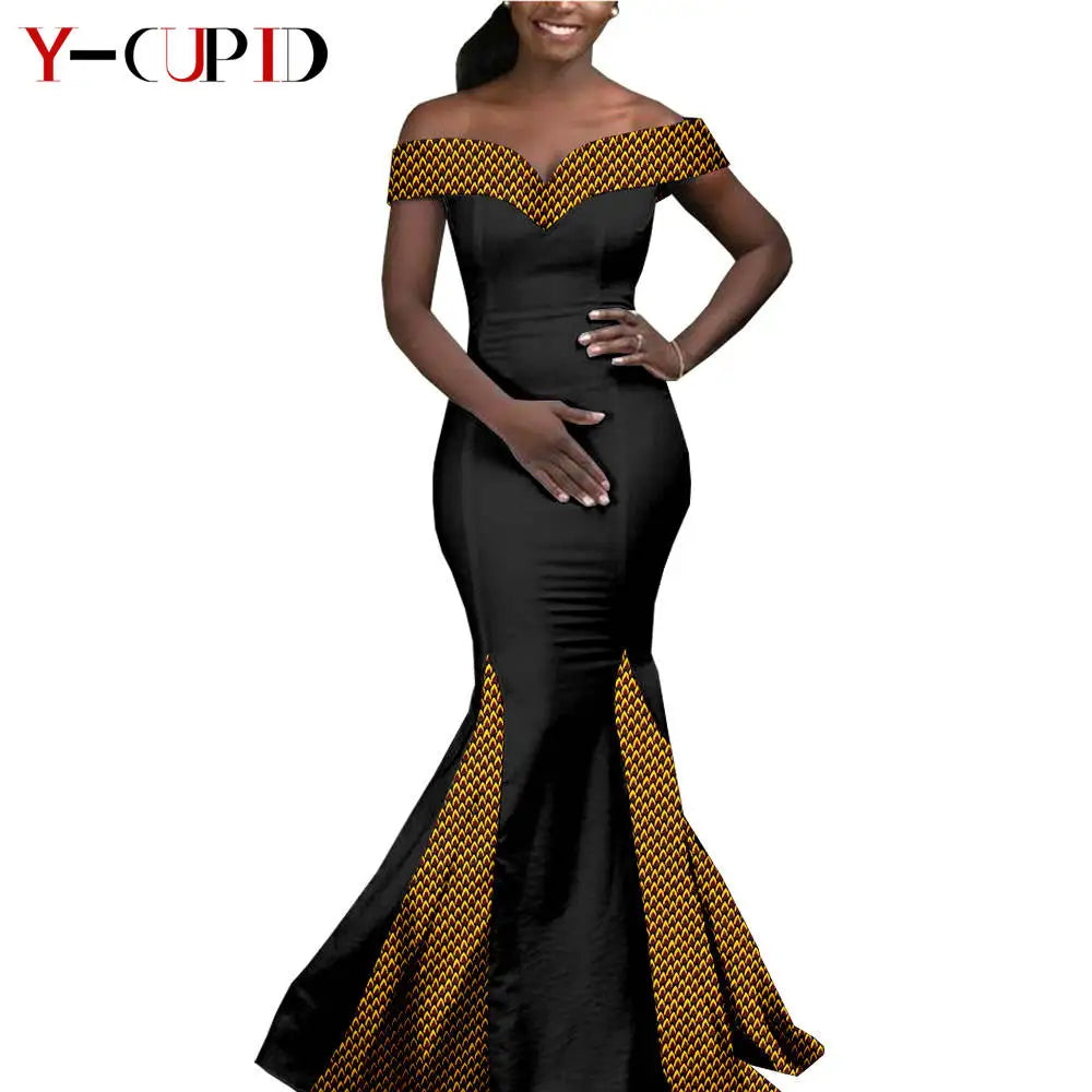 African Couple Matching Clothes for Wedding Women Slim Mermaid Dress Bazin Riche Men Irregular Jacket Pant Sets with Hat Y23C011