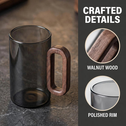 6pcs Borosilicate Glass Coffee Mug with Walnut Handle - 12oz Elegant Black Tumbler for Hot & Cold Drinks, Modern Office Tea Cup, Dishwasher Safe, 2.76" Diameter (360ml)