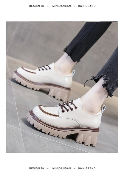 Fashionable Thick Soled High Rise Loafers with Thick Heels Shoes for Women 2024 Autumn Winter New Lace-up Women's Boot