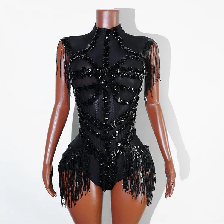 Sexy Mesh Sheer Black Rhinestone Tassel Bodysuit Women Singer Dancer Stage Show Outfit Nightclub Leotard Party Performance Wear