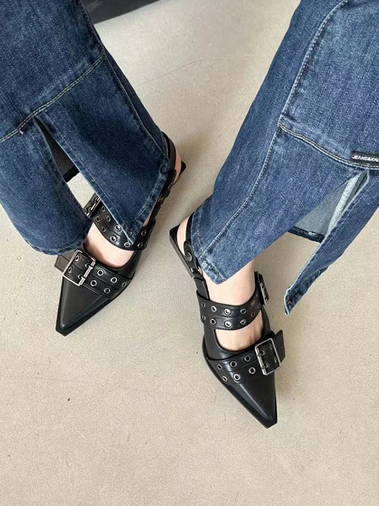 Women's New French Style Pointed Toe Mary Jane Shoes Retro Medium Thick Heel Shoes for Women with Skirts and Small Leather Shoes