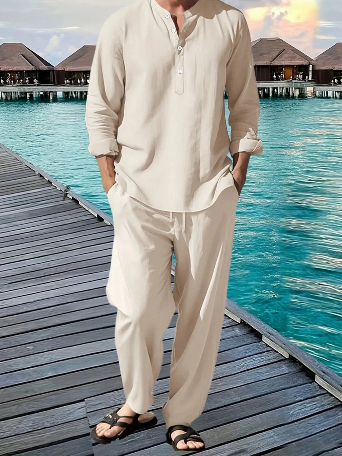 New Long Sleeve Henley Shirt Pants Suit Men Lightweight Breathable Streetwear Solid Color Business Button Polo Shirts Long Pants