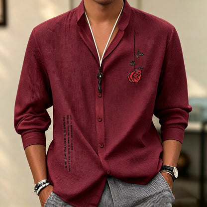 Men's stand-up collar three-quarter sleeve shirt, short print breathable shirt, loose-fitting cardigan for summer vacation.