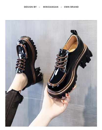 Fashionable Thick Soled High Rise Loafers with Thick Heels Shoes for Women 2024 Autumn Winter New Lace-up Women's Boot