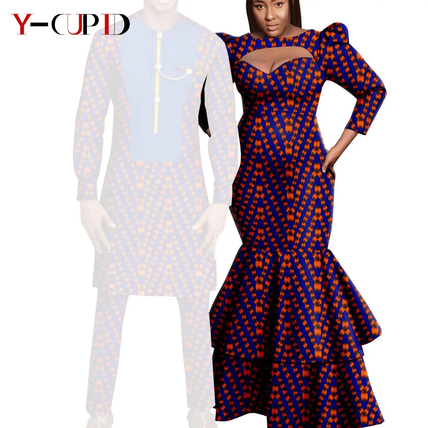 African Print Long Dresses for Women Matching Men Outfit Dashiki Top and Pant Sets Couples Clothes Kaftan Party Outwear Y23C054
