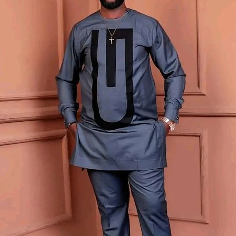 2025 African Sets For Men Autumn Striped Print Casual Dashiki Ethnic Style Long O-Neck Fashion Wedding Two-piece Suit New