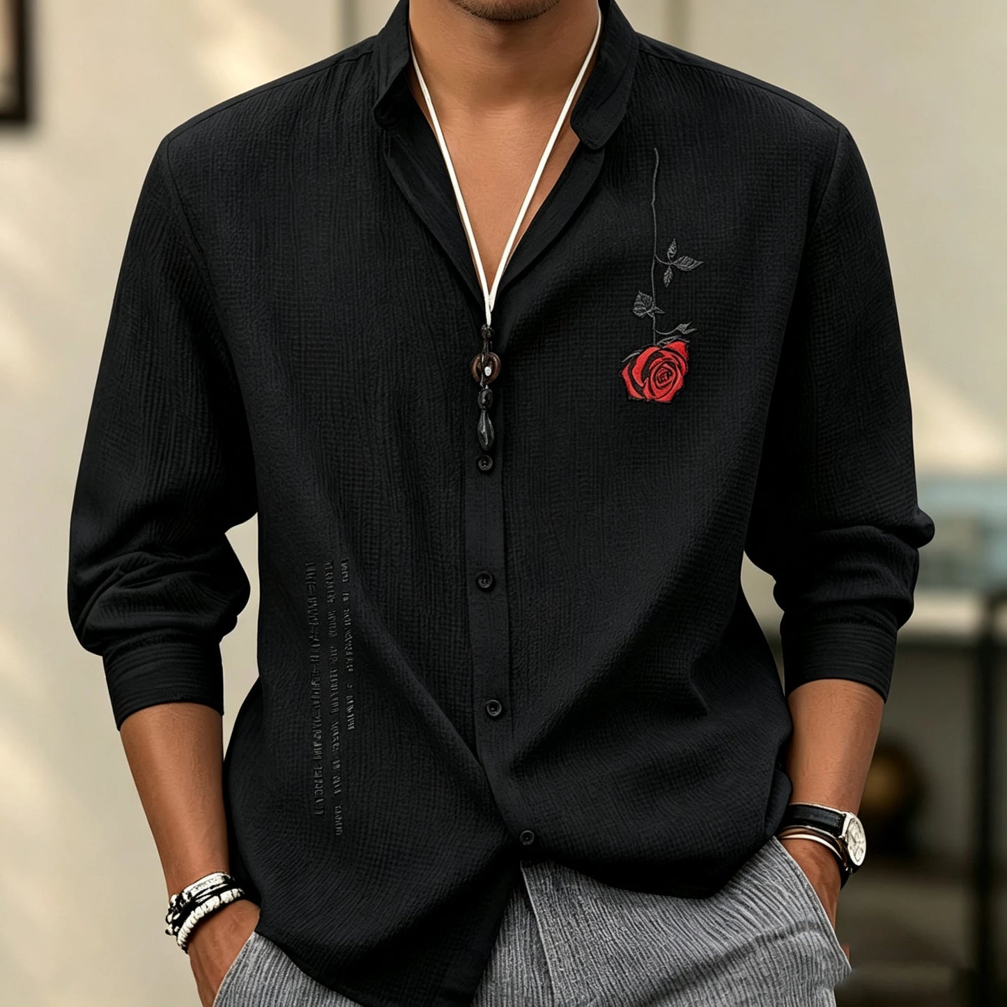 Men's stand-up collar three-quarter sleeve shirt, short print breathable shirt, loose-fitting cardigan for summer vacation.