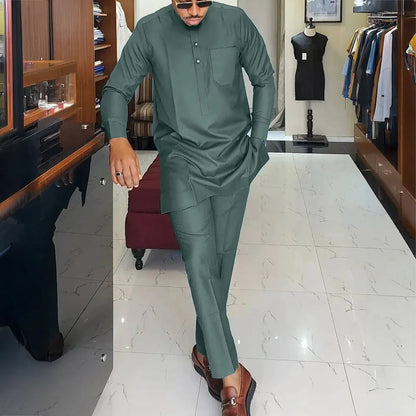 2025 African Sets For Men Autumn Striped Print Casual Dashiki Ethnic Style Long O-Neck Fashion Wedding Two-piece Suit New