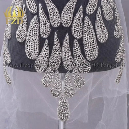 FZD 1 PC Silver Rhinestone Crystal Patches Handmade Gold Crystal Glass Rhinestone Bodice Applique Sew on Wedding Evening Dresses