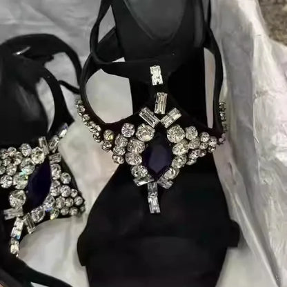 Sexy Rhinestone Stiletto High Heels Open-Toe One-Strap Buckle Sandals Suede Party Women Shoes Sandalias Mujer Verano
