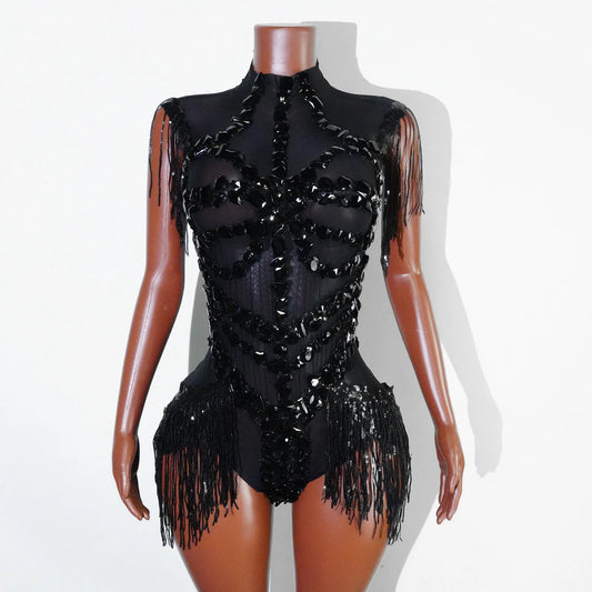 Sexy Mesh Sheer Black Rhinestone Tassel Bodysuit Women Singer Dancer Stage Show Outfit Nightclub Leotard Party Performance Wear