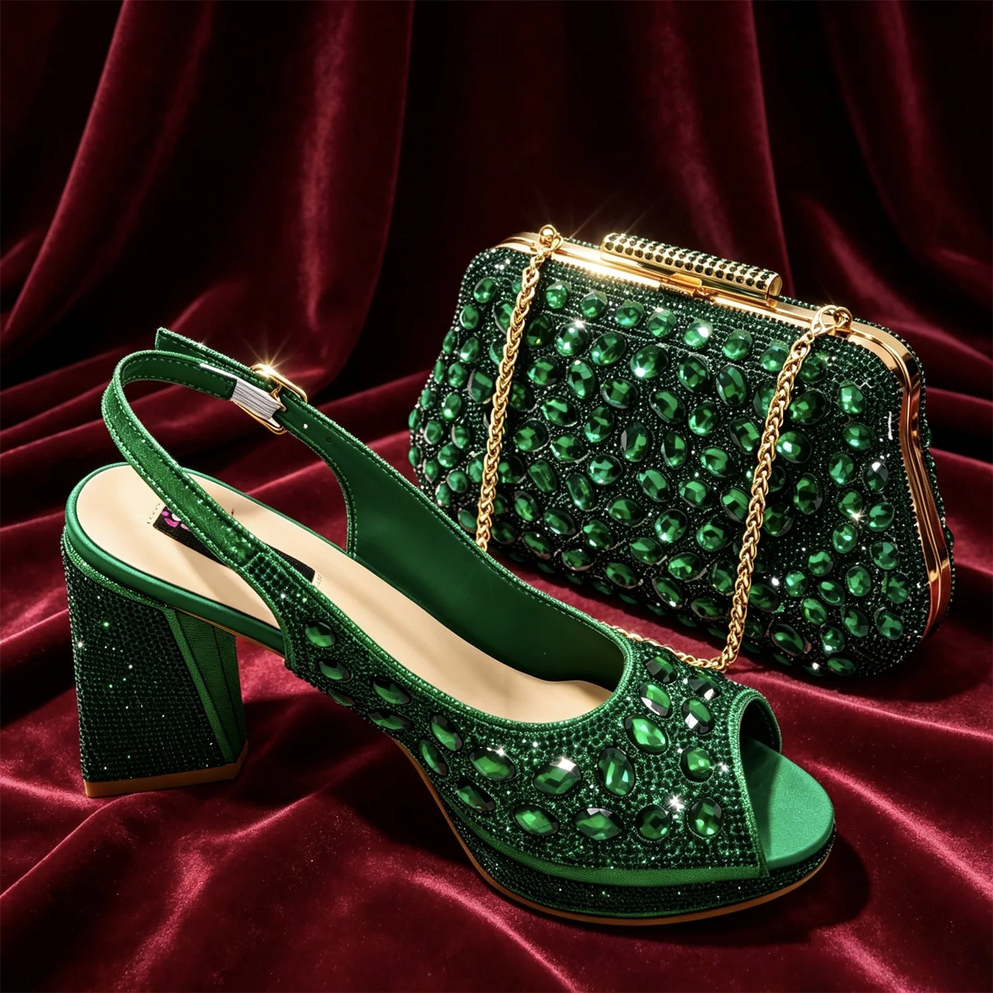 Venus Chan Elegant Gold Striped Peep Toe High Heels and Matching Bag Set – Rhinestone Decor for Parties and Weddings