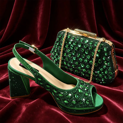 Venus Chan Elegant Gold Striped Peep Toe High Heels and Matching Bag Set – Rhinestone Decor for Parties and Weddings