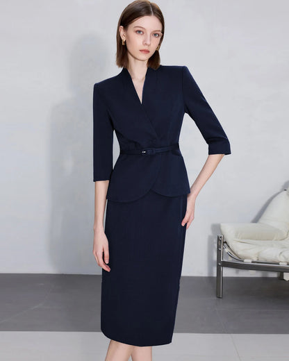 Two-Piece Suit For Women, Navy Blue Luxury Fashion Workplace Two-Piece Skirt Set, Minimalist Elegant Three-Quarter Sleeve Design