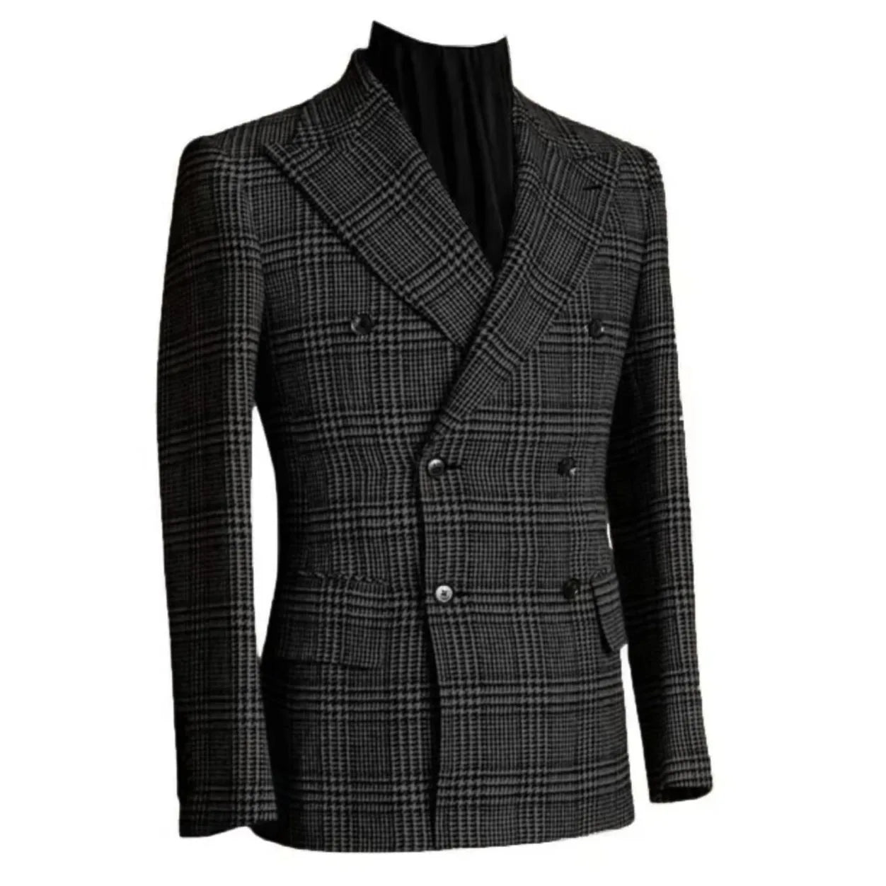 Autumn Winter Houndstooth Men's Long Coat Double Breasted Classic Jacket for Wedding Formal Blazers Groom Business Tuxedos
