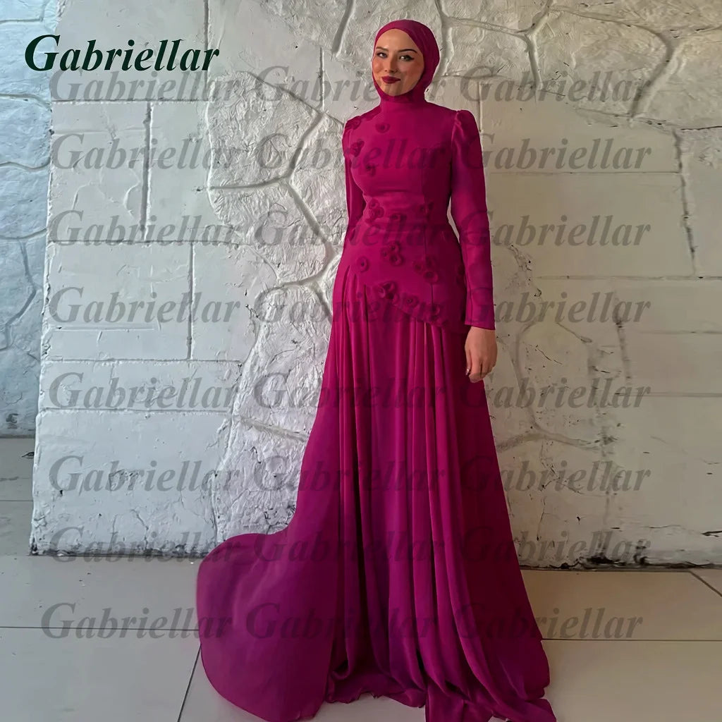 Gabriellar Trendy 3D Appliques Celebrity Dress Kuwait Full Sleeves High Neck Chiffon Formal Party Maxi Gown for Women Customized