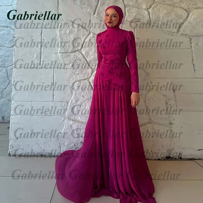 Gabriellar Trendy 3D Appliques Celebrity Dress Kuwait Full Sleeves High Neck Chiffon Formal Party Maxi Gown for Women Customized