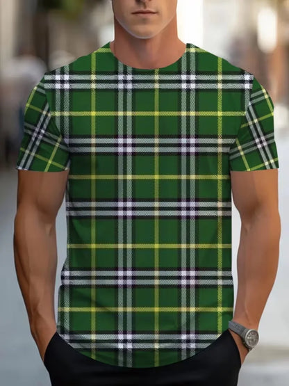 Men’s Summer Plaid Striped T-Shirt – Beige & Gray Color Block, Slim Fit Casual Crew Neck Tee for Daily Wear