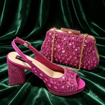 Venus Chan Elegant Gold Striped Peep Toe High Heels and Matching Bag Set – Rhinestone Decor for Parties and Weddings