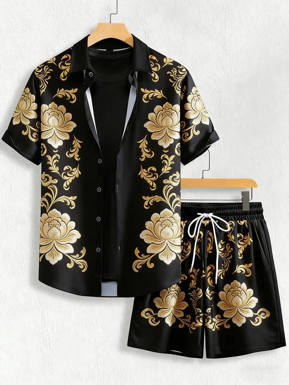 2026 summer new lapel short-sleeved shirt suit Baroque gold 3D printed shirt Hawaiian casual social party men's clothing