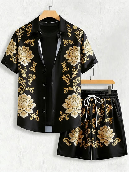2026 summer new lapel short-sleeved shirt suit Baroque gold 3D printed shirt Hawaiian casual social party men's clothing