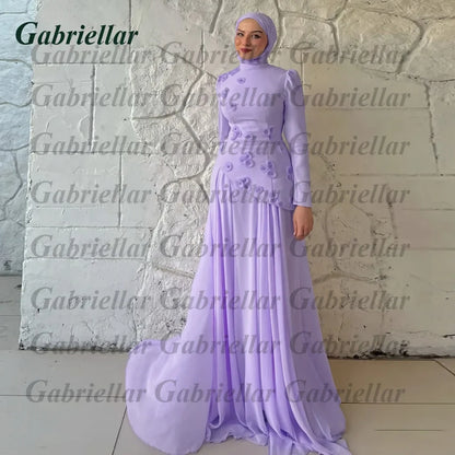 Gabriellar Trendy 3D Appliques Celebrity Dress Kuwait Full Sleeves High Neck Chiffon Formal Party Maxi Gown for Women Customized