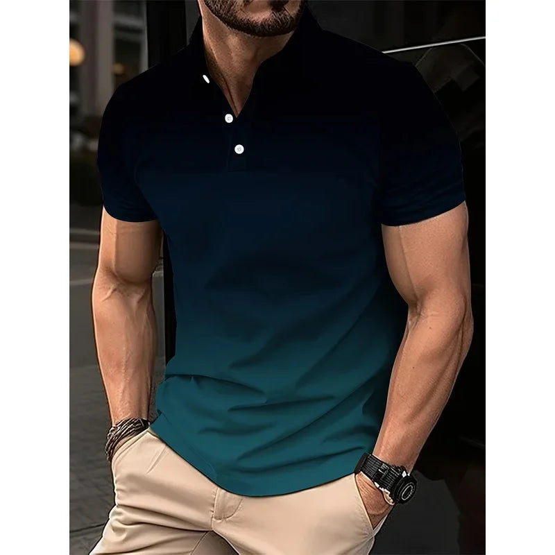 Men's fashion gradient color shirt polo lapel golf shirt short-sleeved printed button clothing, fashionable design, casual and b