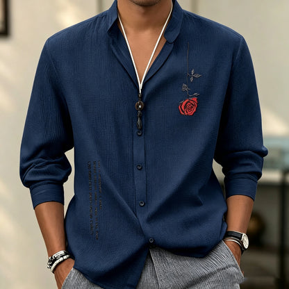 Men's stand-up collar three-quarter sleeve shirt, short print breathable shirt, loose-fitting cardigan for summer vacation.