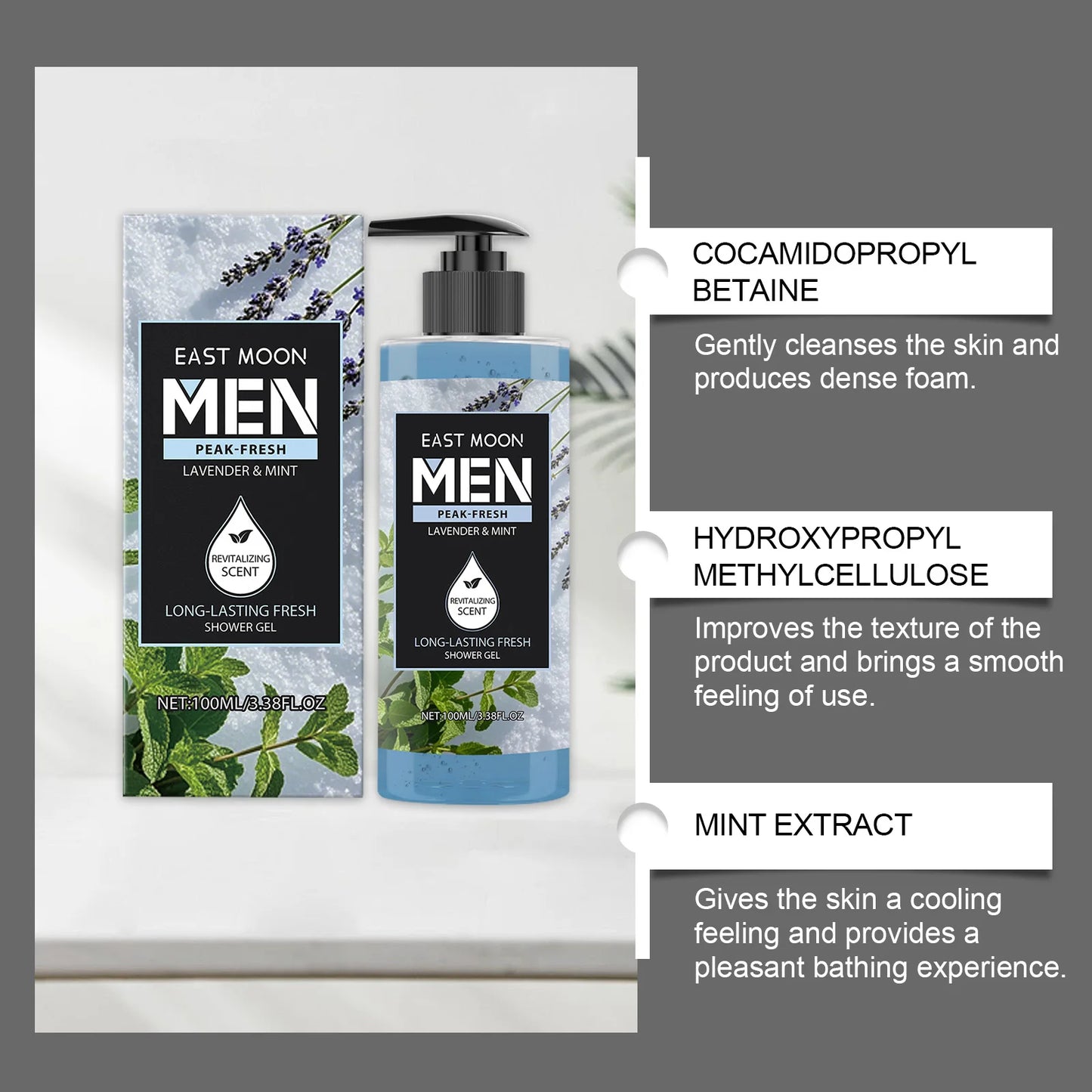 East Moon Peppermint & Lavender Fragranced Body Wash: Dual Botanical Scents, Coolness, Soothing, Long-Lasting Fragrance 100ml