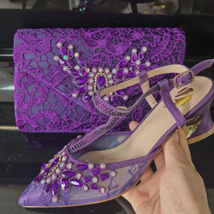 Purple Color New Arrivals Italian Design Nigerian Women Shoes and Bag Set Pointed Toe Slipper with Shinning Crystal for Party