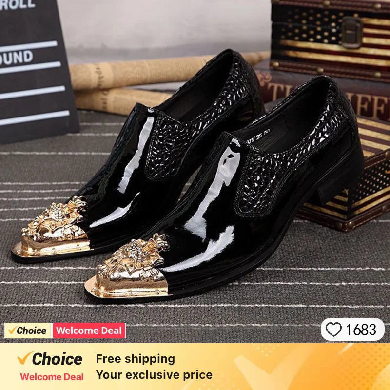 Italian Style Gentleman Dress Shoes Men black Metal Pointed Toe Snake Grain Genuine Leather Shoes Business Party Shoes Men Flat