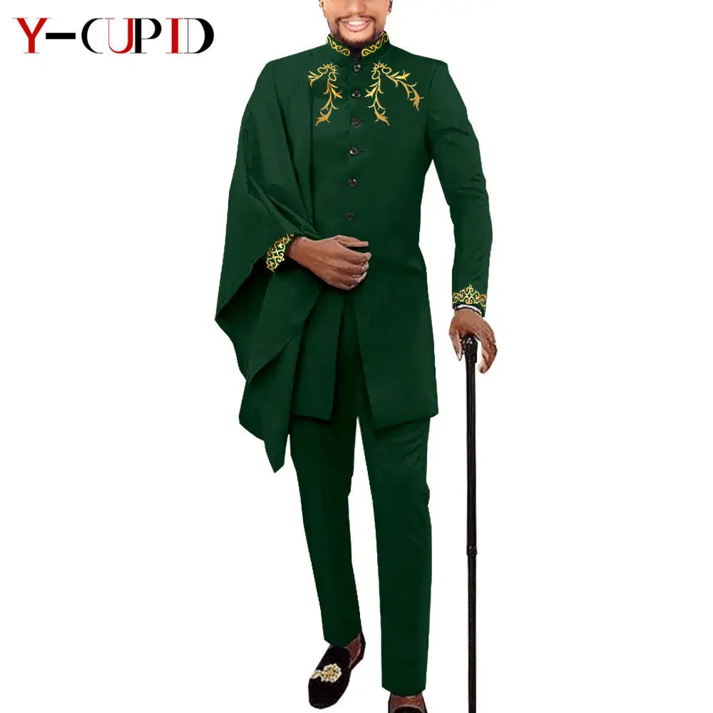 African Couple Matching Clothes for Wedding Women Slim Mermaid Dress Bazin Riche Men Irregular Jacket Pant Sets with Hat Y23C011