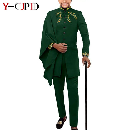 African Couple Matching Clothes for Wedding Women Slim Mermaid Dress Bazin Riche Men Irregular Jacket Pant Sets with Hat Y23C011