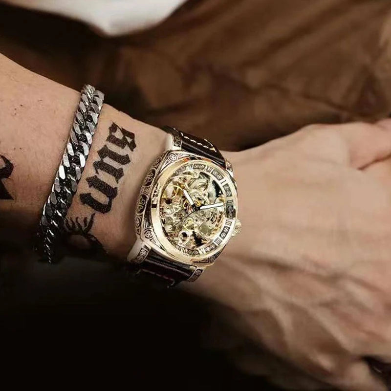 A MEN'S Black Zinc Alloy Business Style Luminous Carved Fully Automatic Tourbillon Hollow Mechanical Watch