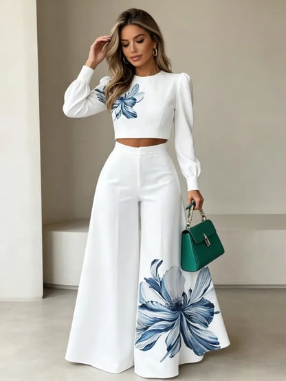 Krisstarsgirls Women's Elegant Floral Print 2 Piece Set 2026 Spring New Puff Sleeves Tops Wide Leg Pants Sets for Office Ladies