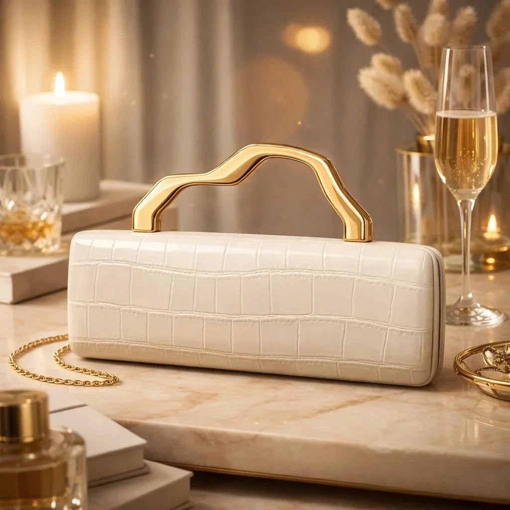 Luxury Burgundy Crocodile Pattern PU Evening Clutch with Gilded Shaped Handle for Ladies Fashionable Party Handbag