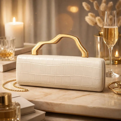 Luxury Burgundy Crocodile Pattern PU Evening Clutch with Gilded Shaped Handle for Ladies Fashionable Party Handbag