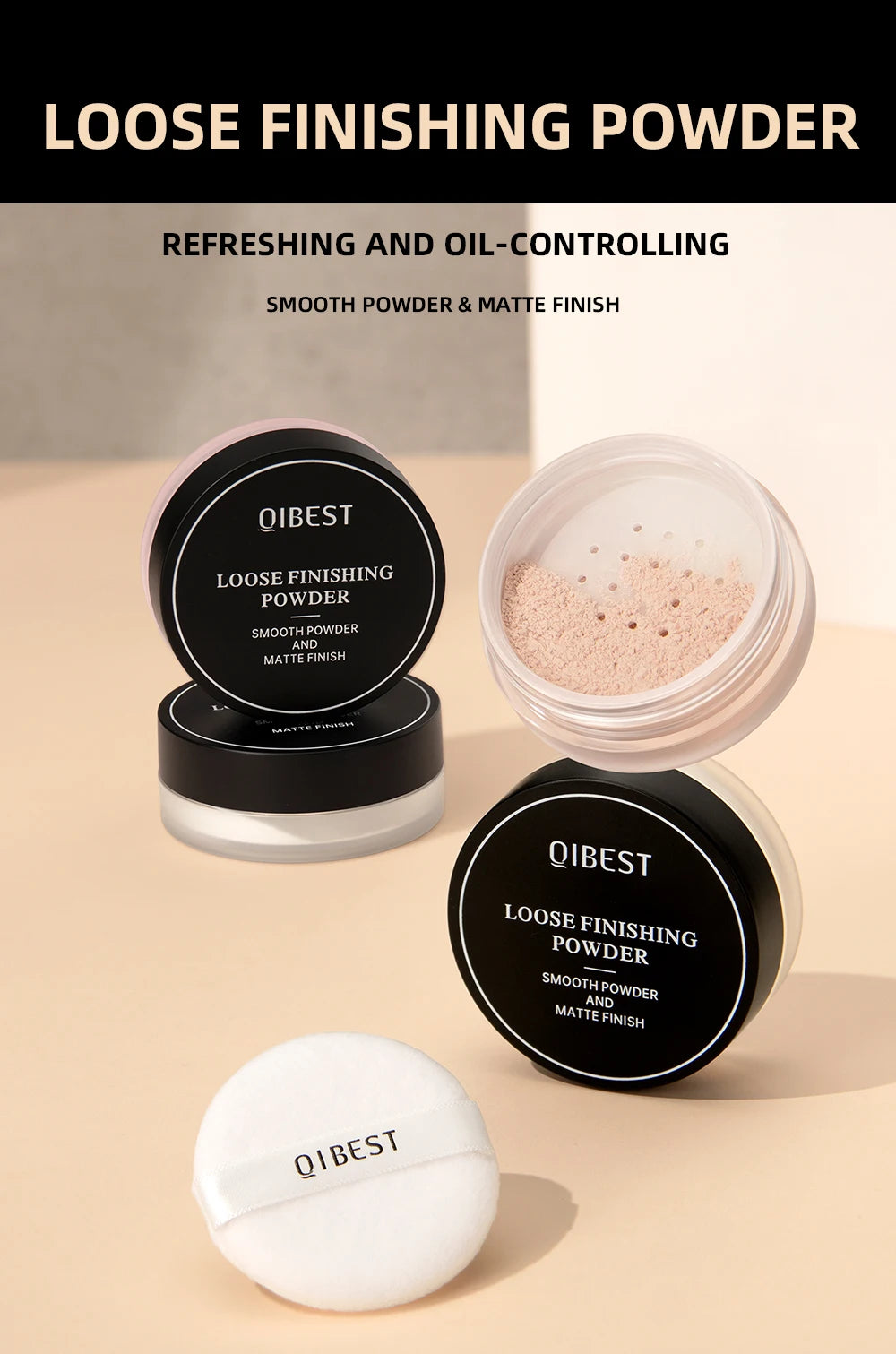 QIBEST 4 Colors Loose Powder Waterproof Oil-Control Matte Finish Compact Setting Powder Long-Lasting Invisible Pores Face Makeup