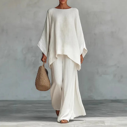 Spring New Fashion Linen Loose Long-sleeved Wide-leg Trousers 2-piece Set Women Casual Retro Elegant Female Simple Suit