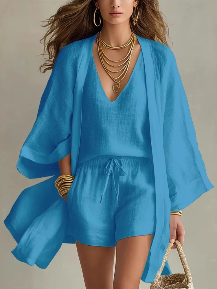 Cotton Linen Summer Women's Suit Elegant 3-piece Sets for Women Sexy V-neck Sleeveless Vest & Short Pant & Cardigan Home Clothes