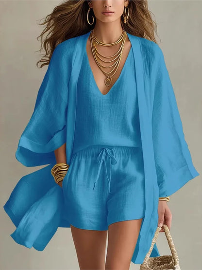 Cotton Linen Summer Women's Suit Elegant 3-piece Sets for Women Sexy V-neck Sleeveless Vest & Short Pant & Cardigan Home Clothes