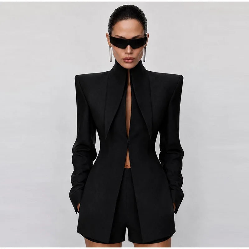 Elegant Blazer Women's Top Shorts Suit Long Sleeve Stand Collar Solid Top Short Pants 2026 Summer Autumn Chic Female Outfits