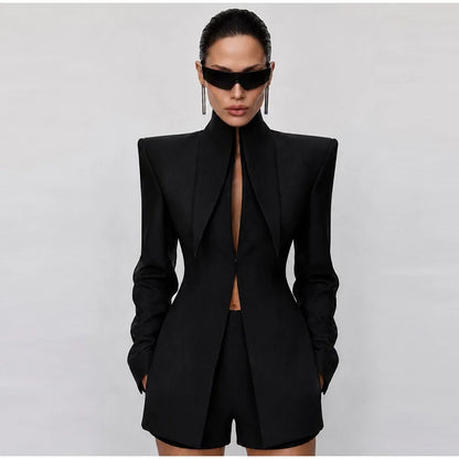 Elegant Blazer Women's Top Shorts Suit Long Sleeve Stand Collar Solid Top Short Pants 2026 Summer Autumn Chic Female Outfits