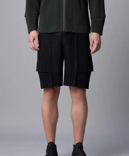 Miyake Pleated Shorts Set Men 2026 Summer New Casual Vest + Elastic Waist High Stretch Cargo Pants 2-Piece Set Unique Versatile