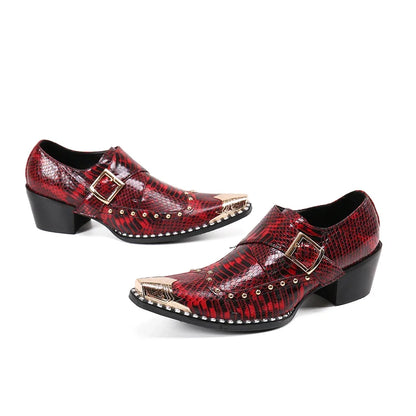 steel toe high heels Snake pattern red black wedding oxford for men rivets formal shoes men genuine leather party shoes men