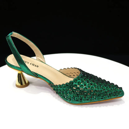 Venus Chan Pointed Toe Heels for Women 2023 Elegant Party Wine Color Full Diamond Pumps Italian Shoes and Bags Matching Set
