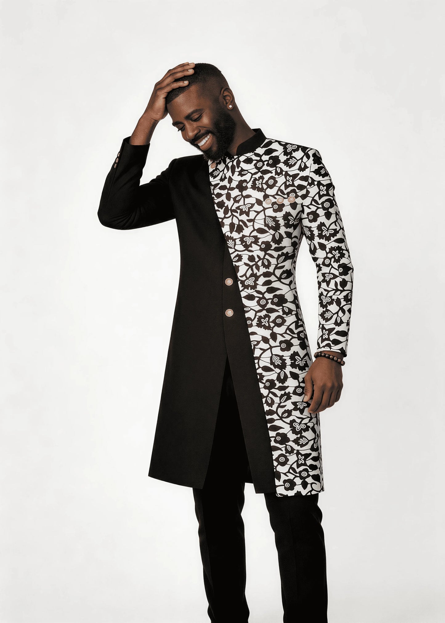 Men’s Black Solid & B&W Floral Patchwork Formal Wear Set Stand Collar 2 Piece Wedding Groom Tunic Jacket & Pants Prom Homecoming