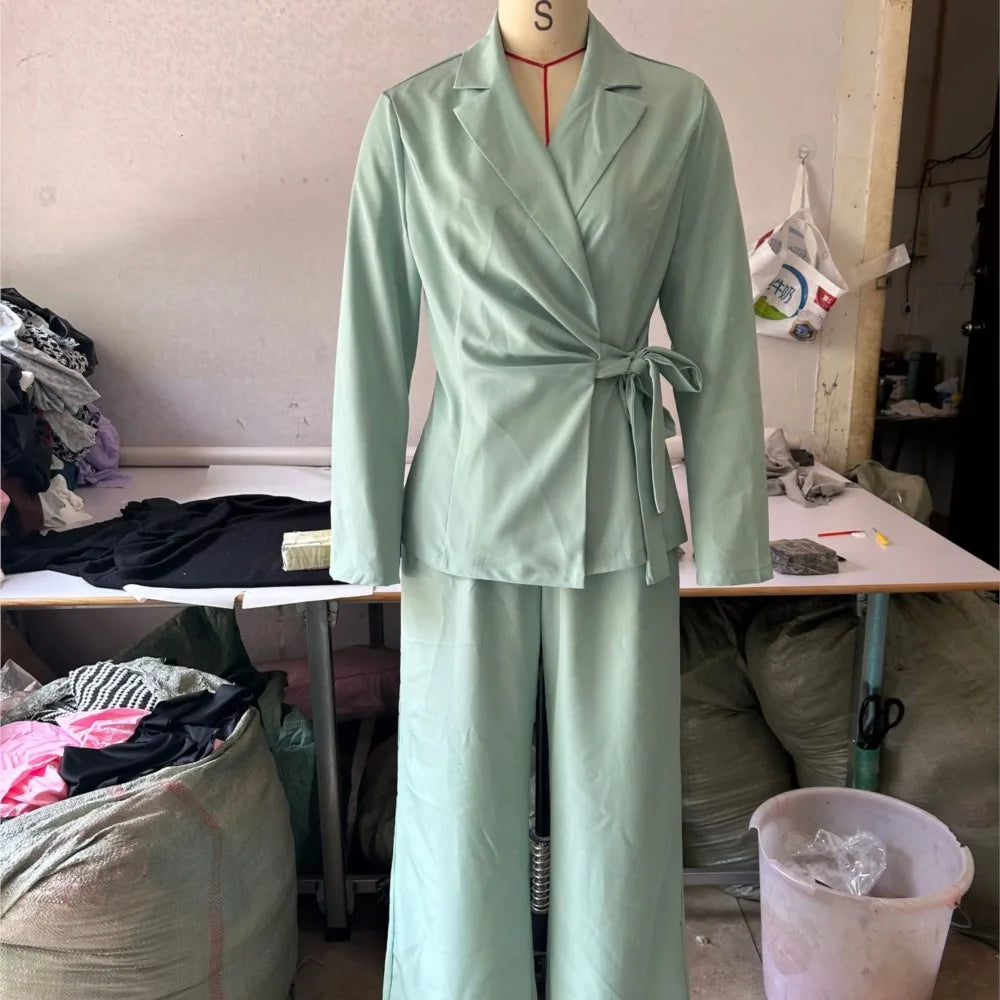 Casual Fashionable Trousers Suit Spring Autumn Solid Color Commuter Style Lapel Long-sleeved Top Wide-leg Trousers Two-piece Set