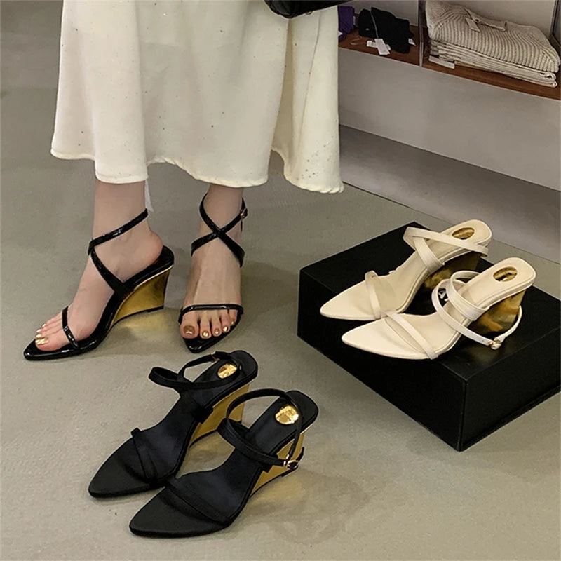 Street Style Design Wedges Heels Women Sandals Buckle Strap Pointed Toe Banquet Shoes Summer Ladies Pumps