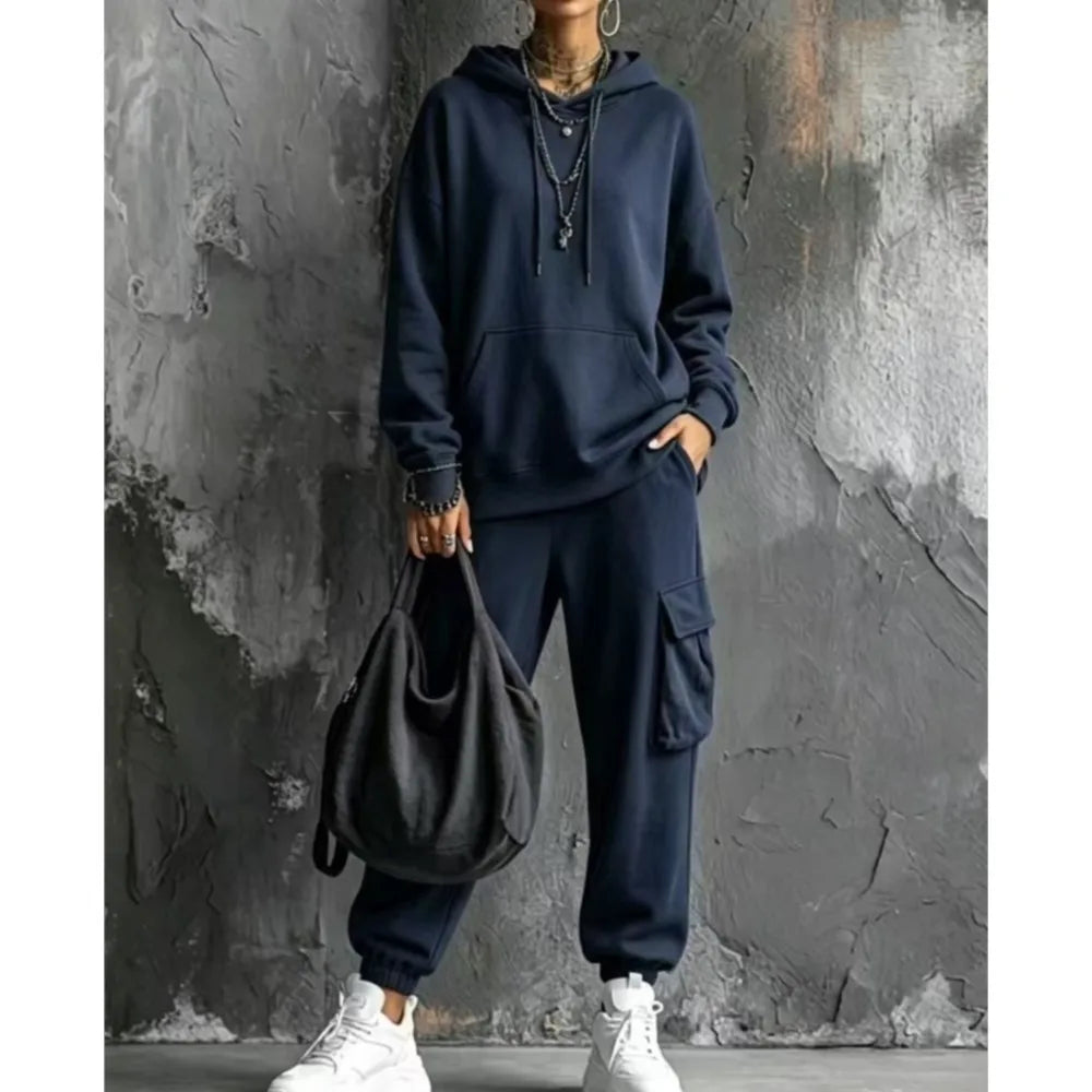 Autumn Winter New Casual Solid Color Hooded Sweatshirt Trousers Set 2026 Fashion Pocket Loose Sports Trousers Female 2 Piece Set